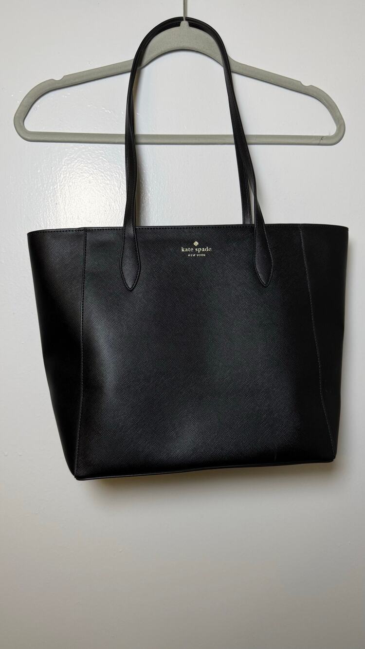 Kate Spade New York Black Saffiano Leather Large Tote Shoulder Bag Gold Logo